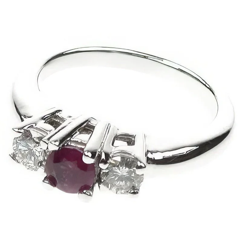 Delicate gemstone rings perfect for stacking adorned her fingers-0.90 CT Round Cut Diamonds & Rubys - Three Stone Ring