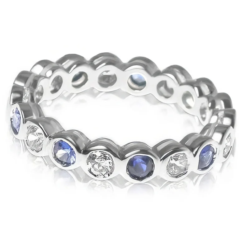 She adored her handcrafted gemstone rings with natural turquoise-1.55 CT Round Cut Blue Sapphires & Diamonds - Eternity Ring