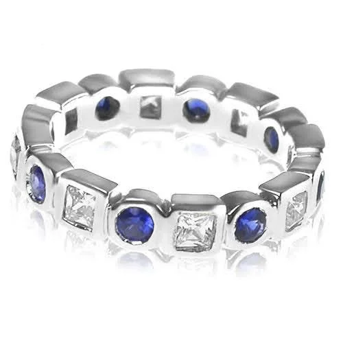 Restored antique gemstone rings regained their original stunning beauty-1.65 CT Round & Princess Cut Blue Sapphires & Diamonds - Eternity Ring