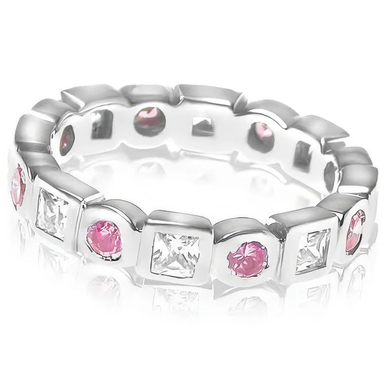 Colorful gemstone rings with vibrant opals shimmered in light-1.65 CT Round & Princess Cut Pink Sapphires & Diamonds - Eternity Ring