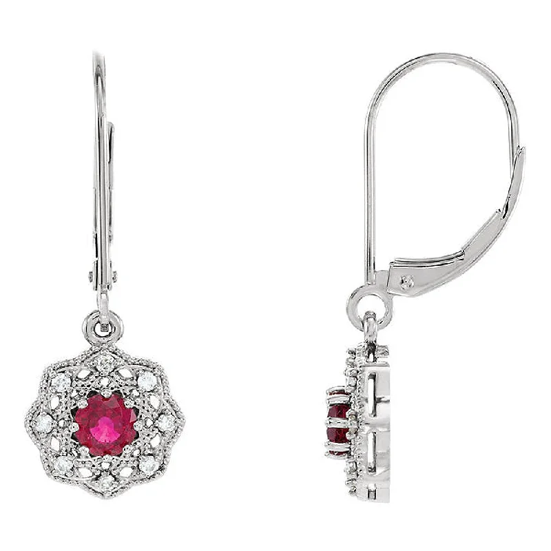 10.5 x 26mm 14k White Gold Ruby & 1/8 CTW (G-H, I1) Diamond Earrings