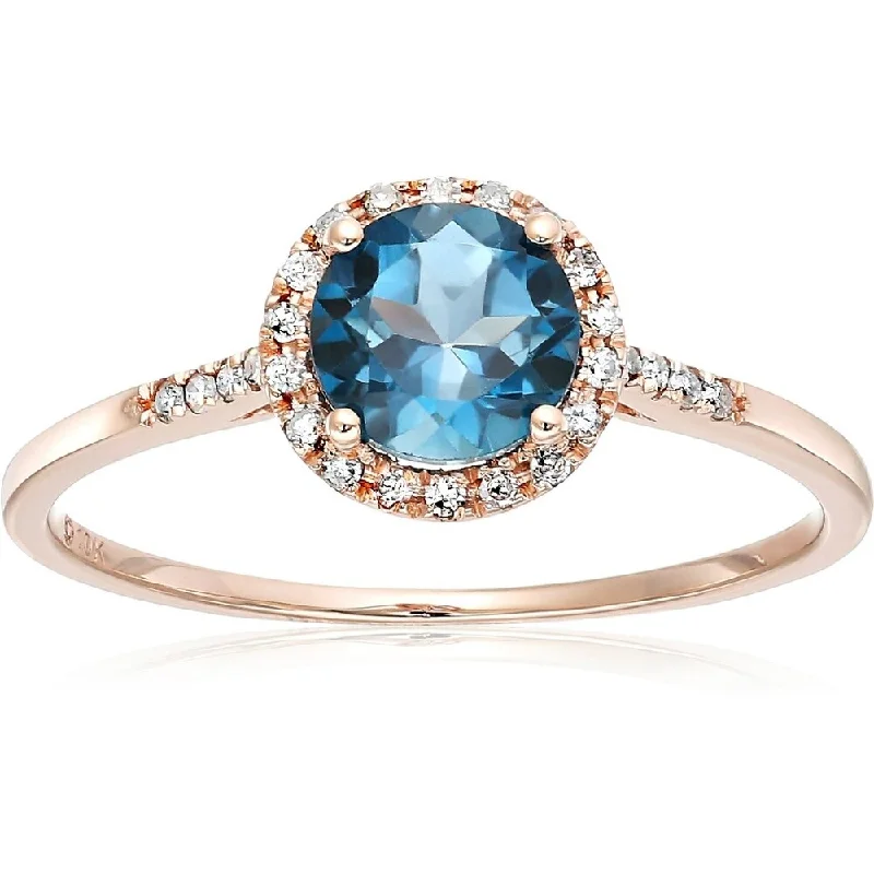 They ordered custom gemstone rings designed for special occasions-10k Rose Gold London Blue Topaz and Diamond Classic Princess Di Halo Engagement Ring, Size 7