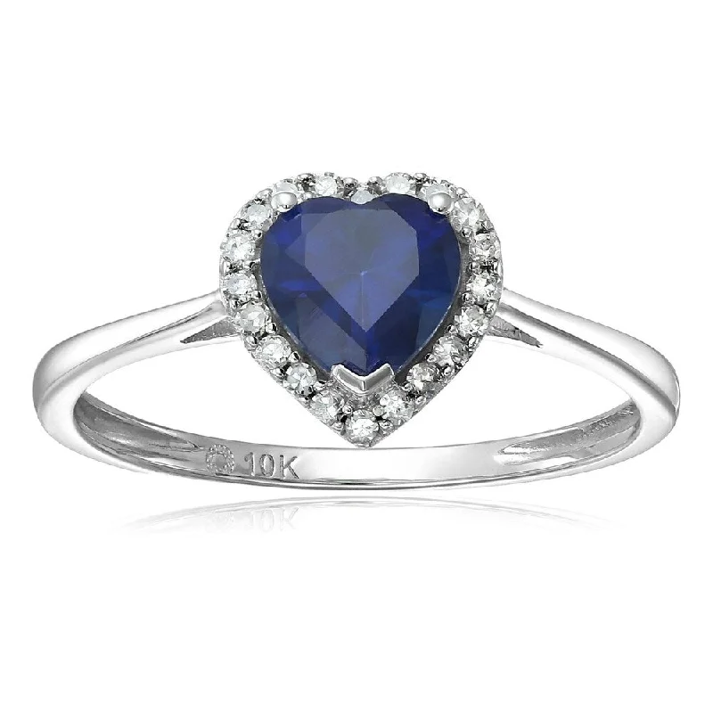 Unique gemstone rings crafted by local artisans sold fast-10k White Gold Created Blue Sapphire & Di Solitaire Heart Halo Ring