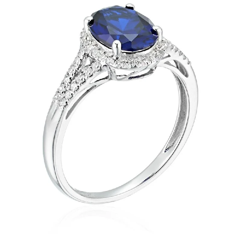 Delicate gemstone rings perfect for stacking adorned her fingers-10k White Gold Created Blue Sapphire & Diamond Ring