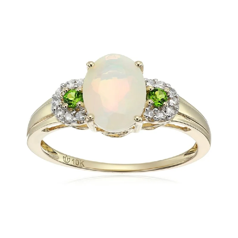 Affordable gemstone rings under fifty dollars surprised her greatly-10k Yellow Gold Ethiopian Opal, Chrome & Diamond Ring