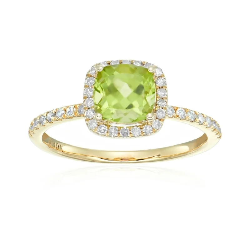 Affordable gemstone rings under fifty dollars surprised her greatly-10k Yellow Gold Peridot and Diamond Cushion Engagement Ring