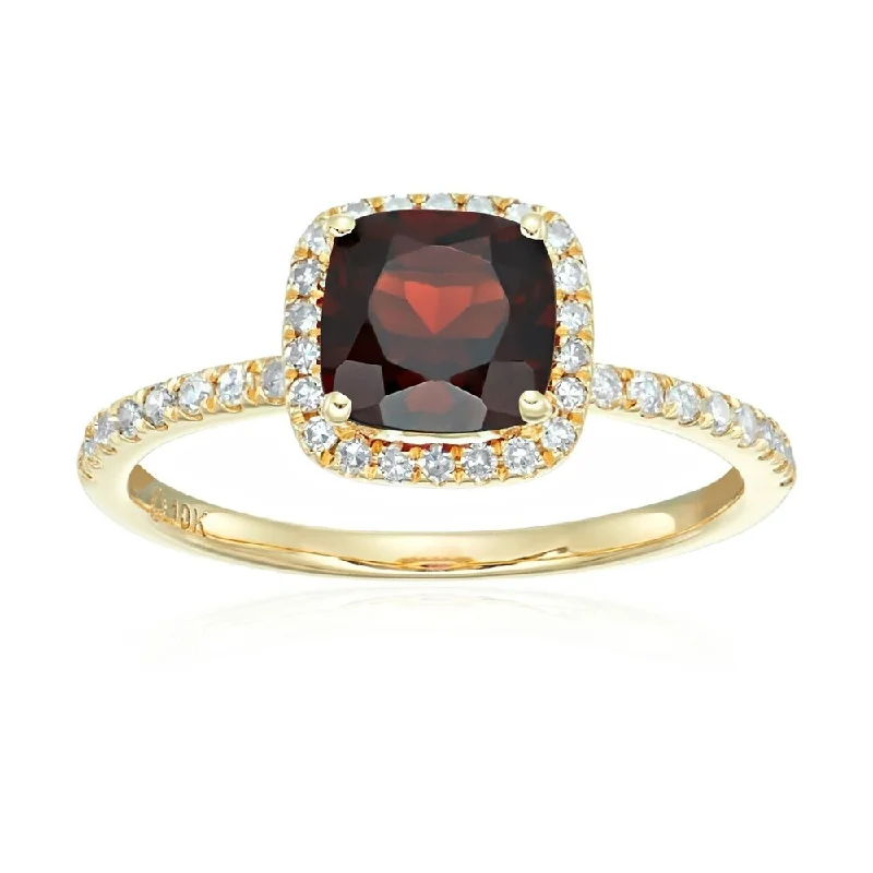 Bold statement gemstone rings for fashion lovers stood out-10k Yellow Gold Red Garnet and Diamond Cushion Halo Engagement Ring, Size 7