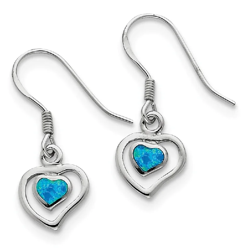 10mm Created Blue Opal Double Heart Dangle Earrings in Sterling Silver