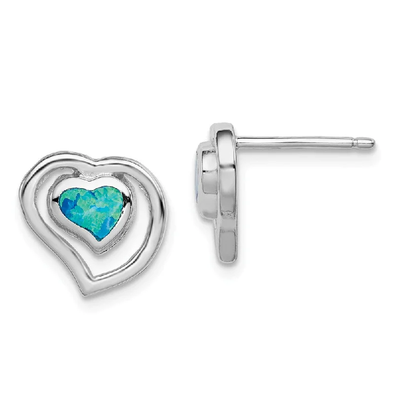 10mm Created Blue Opal Double Heart Post Earrings in Sterling Silver