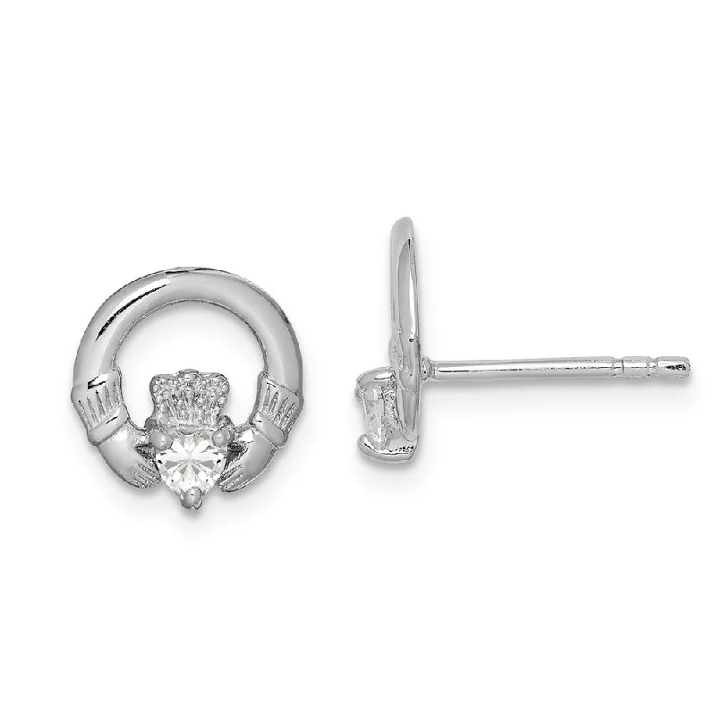 10mm Cubic Zirconia Claddagh Post Earrings in Sterling Silver