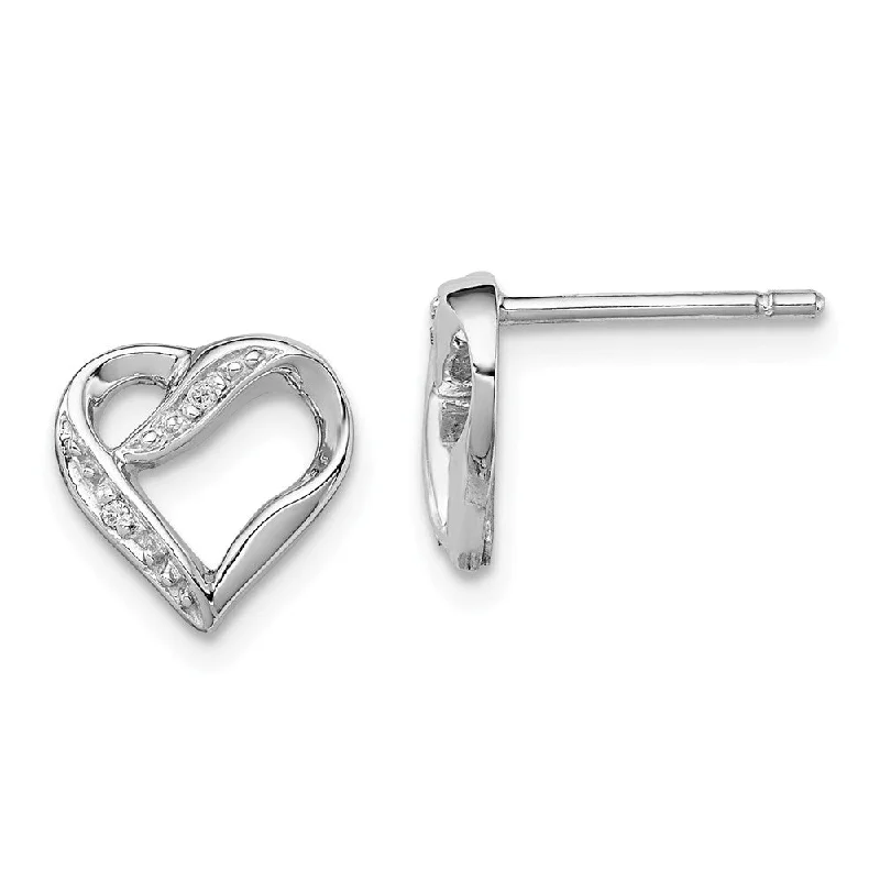 10mm Diamond Ribbon Heart Post Earrings in Sterling Silver