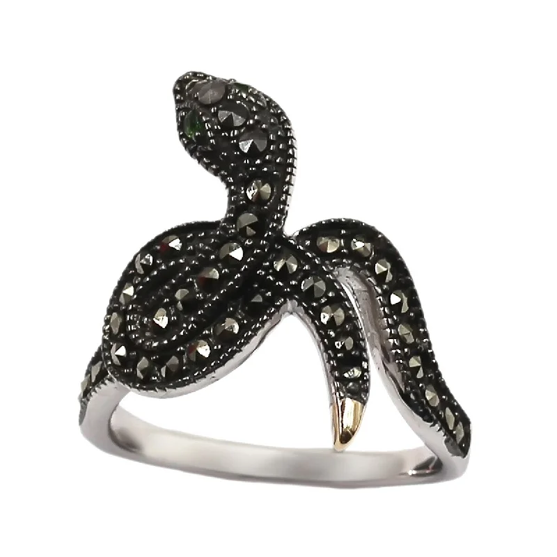 Trendy gemstone rings in modern minimalist styles are popular-14k Gold and Sterling Silver Chrome Diopside and Marcasite Ring