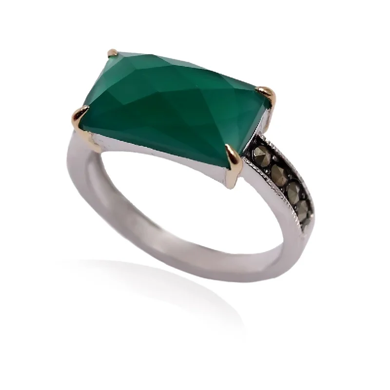 Restored antique gemstone rings regained their original stunning beauty-14k Gold and Sterling Silver Green Agate and Marcasite Ring