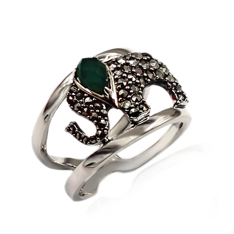 Unique gemstone rings crafted by local artisans sold fast-14k Gold and Sterling Silver Green Agate Marcasite Ring