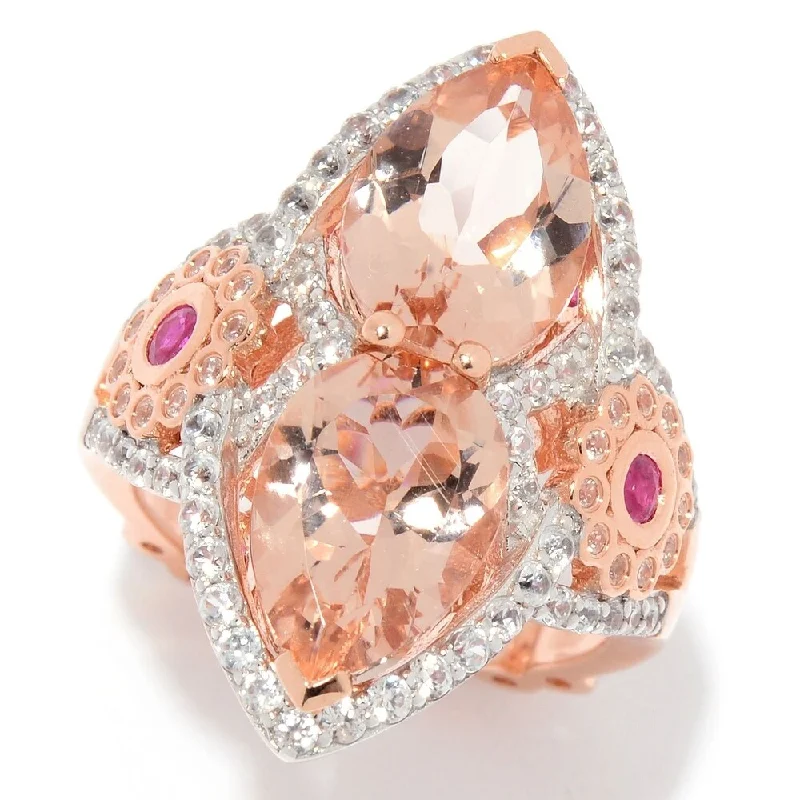 Designer gemstone rings showcased at jewelry expos impressed all-14K Rose Gold 7.19ctw Morganite, Ruby & White Zircon Elongated Ring