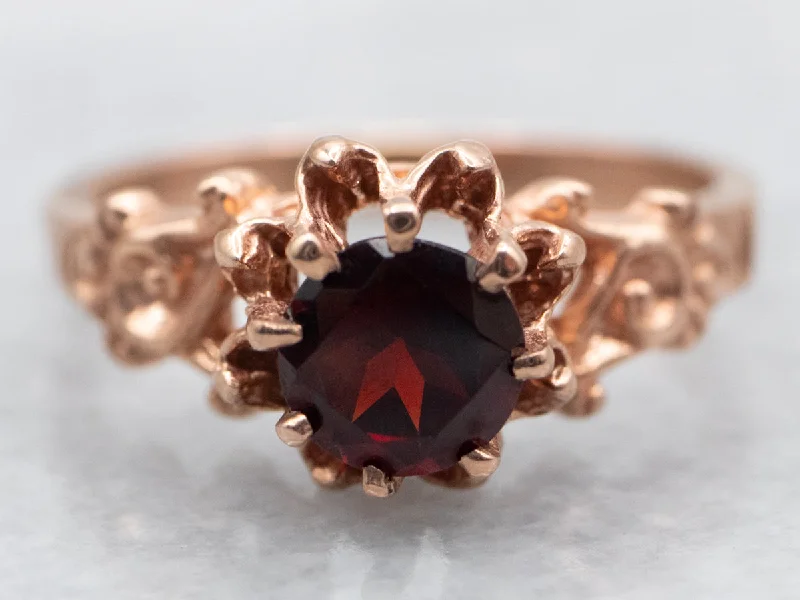 They ordered custom gemstone rings designed for special occasions-Ornate Rose Gold Garnet Solitaire Ring