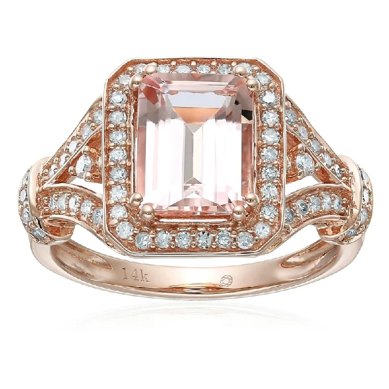 The vintage gemstone rings with rare emeralds gleamed brightly-14k Rose Gold Morganite and Diamond Halo Engagement Ring