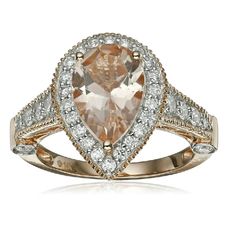 Delicate gemstone rings perfect for stacking adorned her fingers-14k Rose Gold Morganite and Diamond Solitaire Pear Shape Ring , Size 7