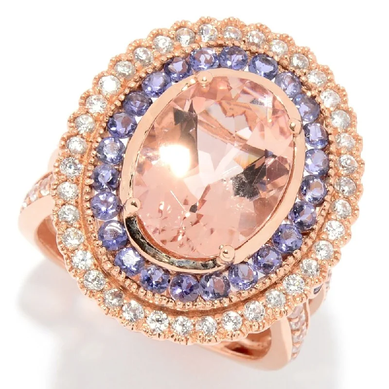 Heirloom gemstone rings passed down through generations held memories-14K Rose Gold Oval Morganite & Iolite Double Halo Ring