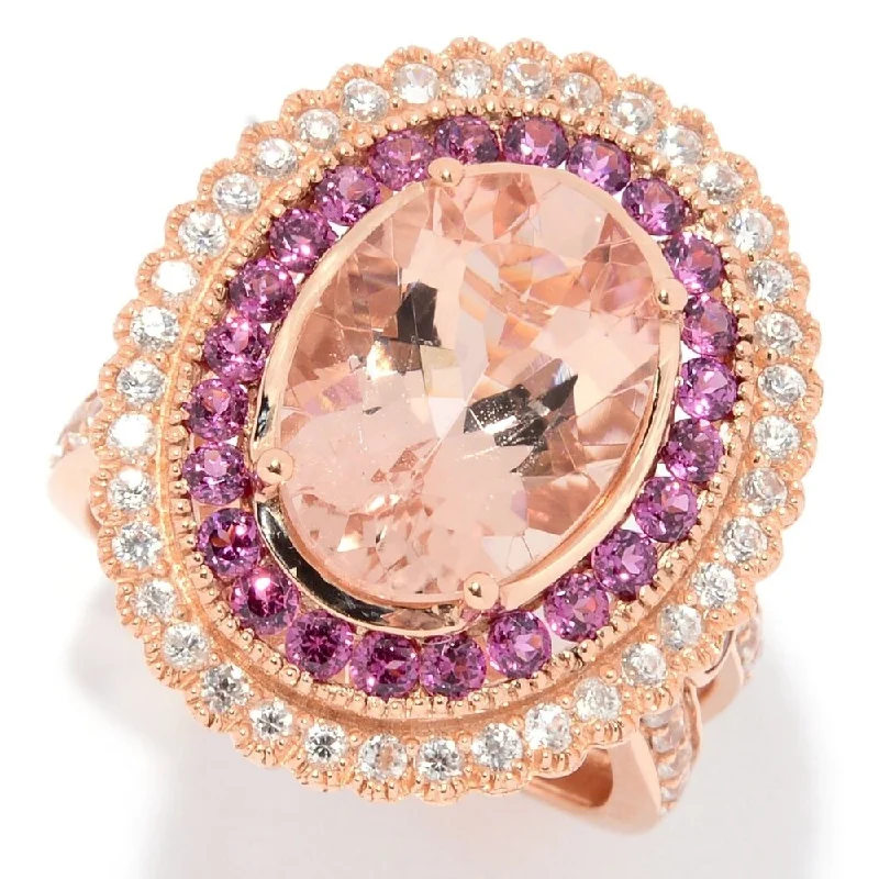 Her elegant gemstone rings featuring sparkling rubies turned heads-14K Rose Gold Oval Morganite & Rhodolite Double Halo Ring