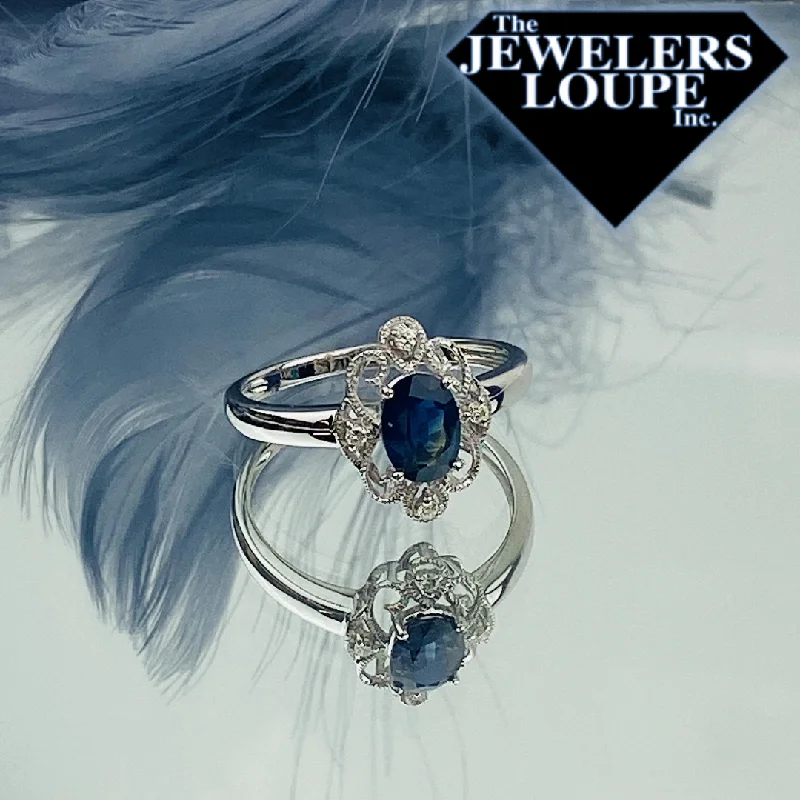 Delicate gemstone rings perfect for stacking adorned her fingers-14K White Gold .04ctw Diamond and 1ctw Sapphire Ring (94160)