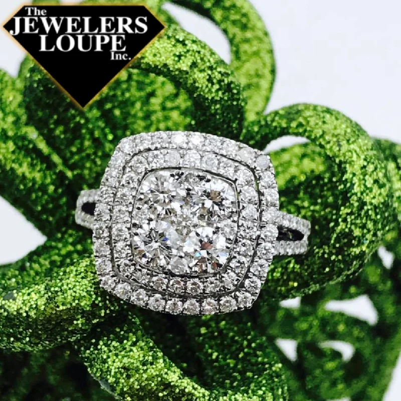 Classic gemstone rings in timeless gold bands never fade-14K White Gold 1.07ctw Diamond Square Double Halo Cluster Ring (82565)