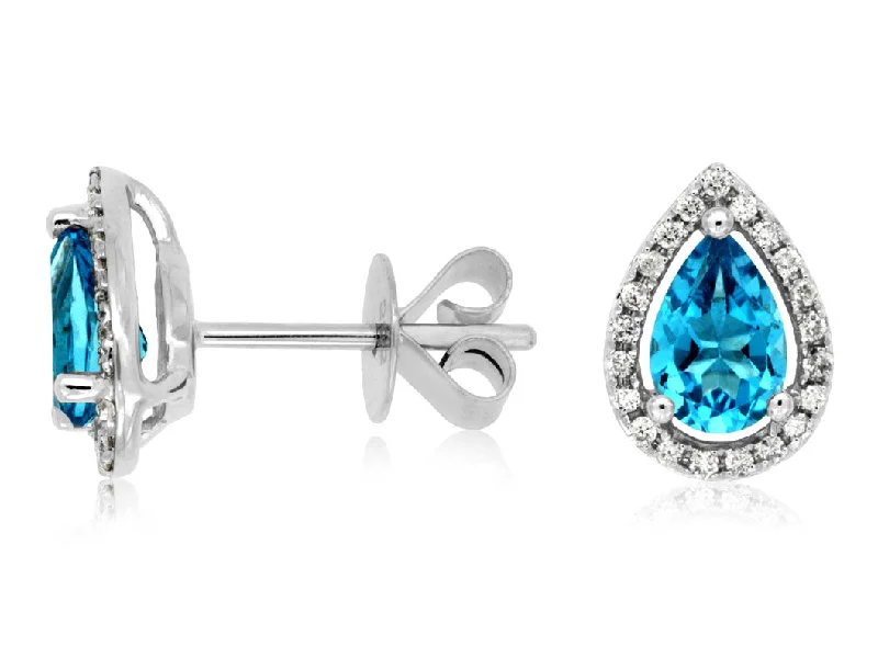 14K White Gold .12ctw Diamond and 1ctw Pear Shape Blue Topaz Halo Earrings (97937)