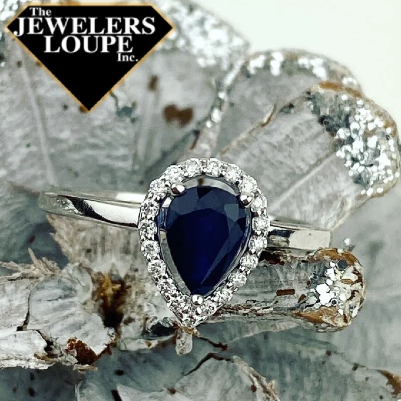 Affordable gemstone rings under fifty dollars surprised her greatly-14K White Gold .12ctw Diamond and .88ctw Pear Shape Sapphire Halo Ring (93441)