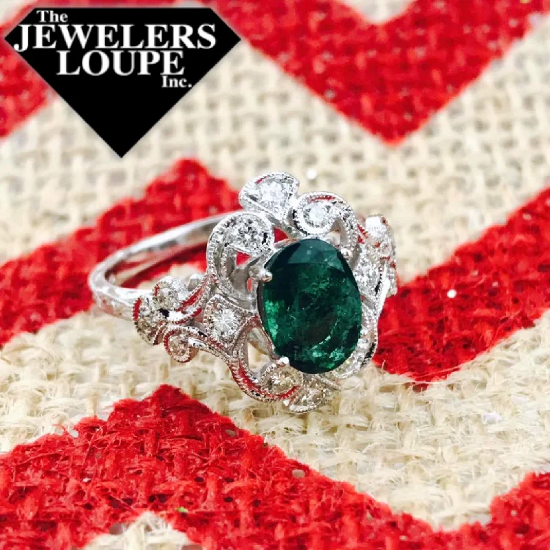 Designer gemstone rings showcased at jewelry expos impressed all-14K White Gold .29ctw Diamond and 1.25ctw Emerald Vintage Style Ring (84814)