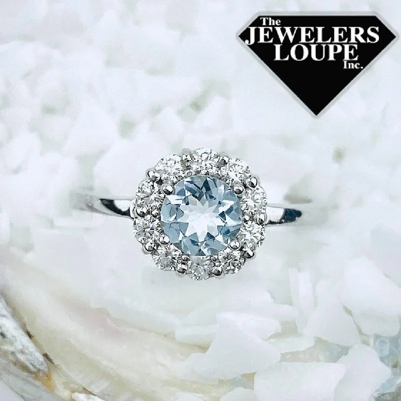 Luxury gemstone rings with diamond halos cost a fortune-14K White Gold .30ctw Diamond and .55ctw Aquamarine Halo Ring (94166)