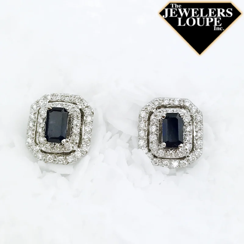 14K White Gold .35ctw Diamond and .65ctw Sapphire Double Halo Earrings (84688)