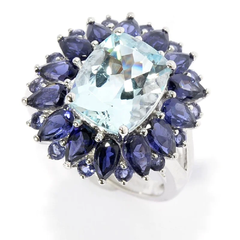 Designer gemstone rings showcased at jewelry expos impressed all-14k White Gold Aquamarine Iolite Flower Ring