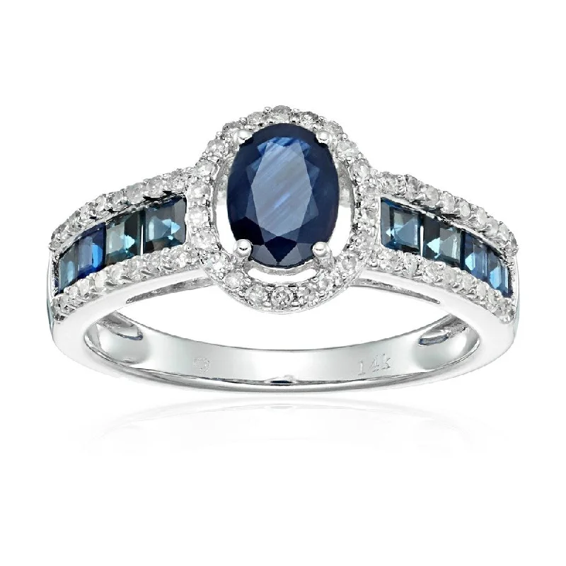 Ethical gemstone rings sourced from sustainable mines gained traction-14k White Gold Blue Sapphire and Diamond Halo Engagement Ring, Size 7