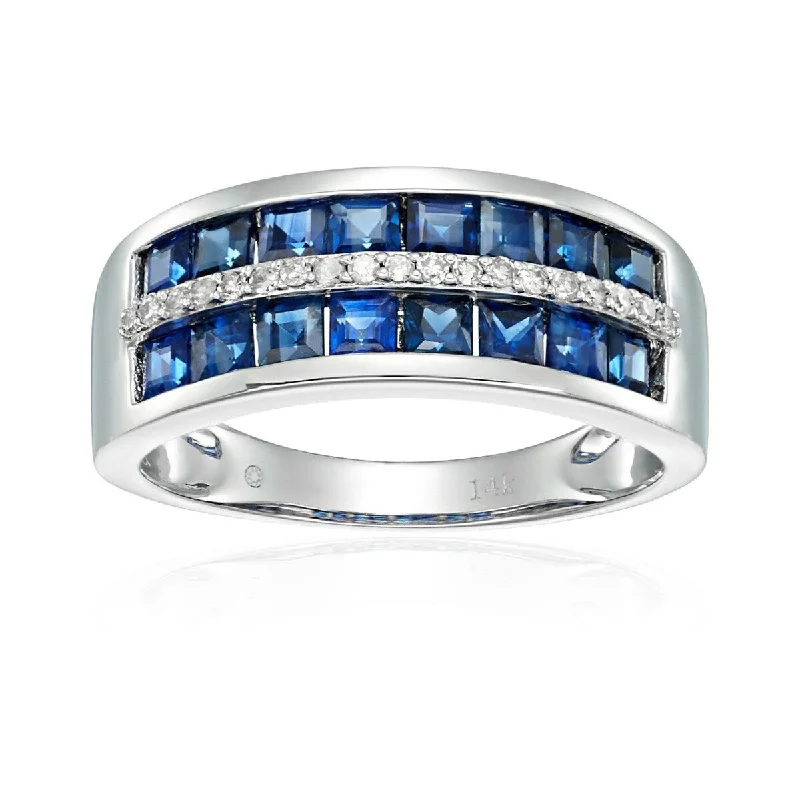 Trendy gemstone rings in modern minimalist styles are popular-14k White Gold Blue Sapphire and Diamond Wedding Band