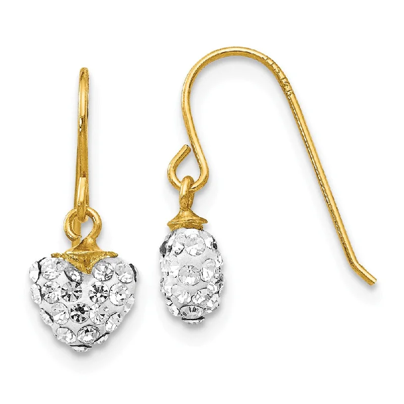 14k Yellow Gold Crystal Heart Dangle Earrings