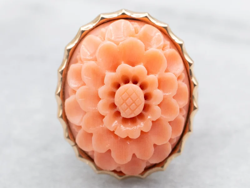 Restored antique gemstone rings regained their original stunning beauty-Vintage Gold Carved Coral Flower Cocktail Ring