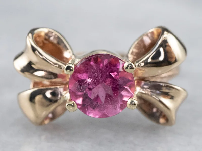 Unique gemstone rings crafted by local artisans sold fast-Vintage Pink Tourmaline Golden Bow Ring