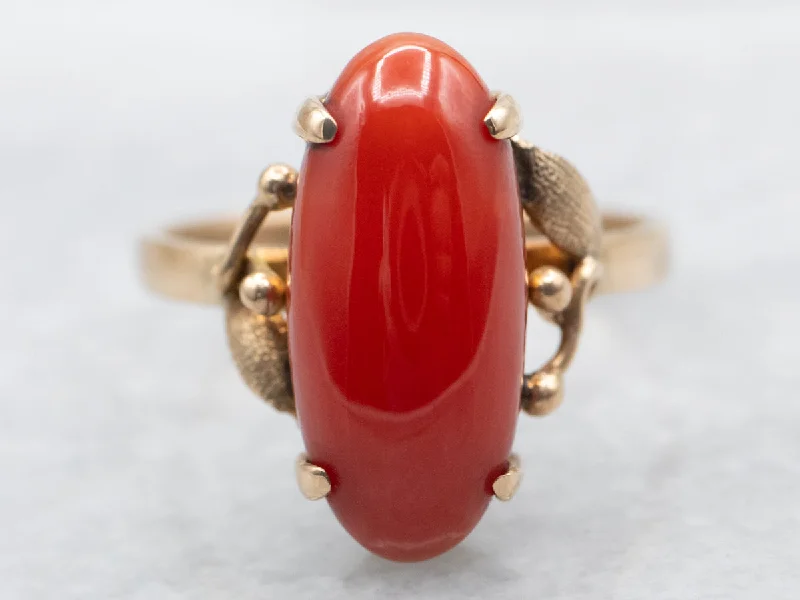 Bold statement gemstone rings for fashion lovers stood out-Vintage Botanical Coral Cabochon Ring