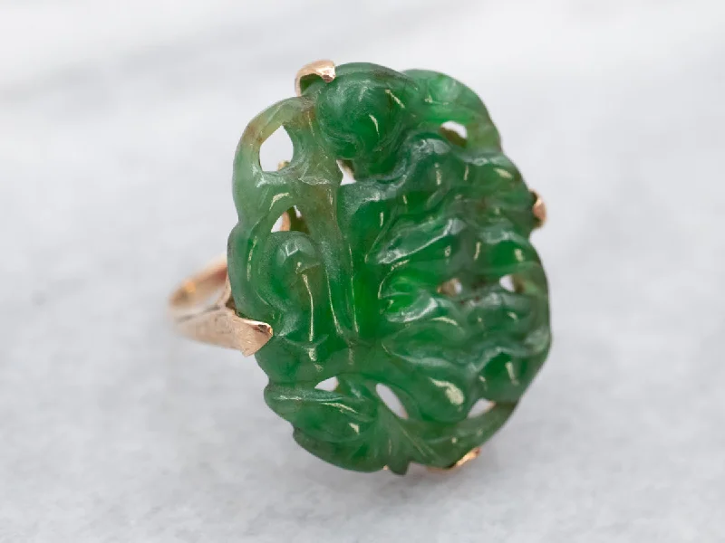 Restored antique gemstone rings regained their original stunning beauty-Botanical Carved Jade Cocktail Ring