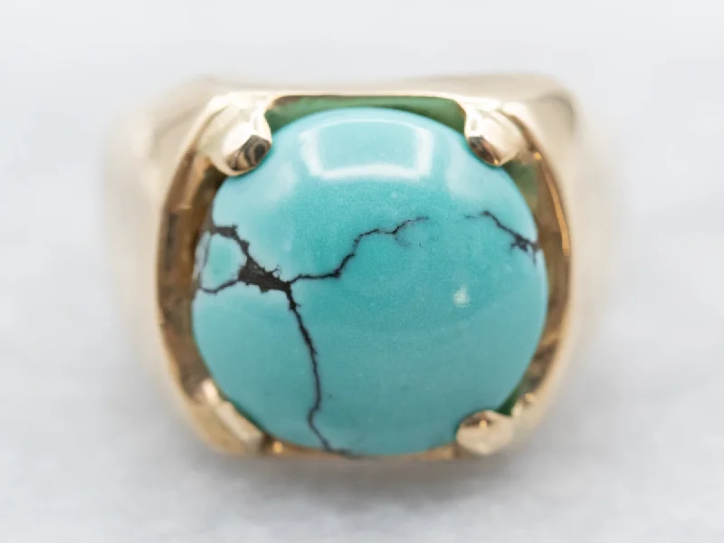 Trendy gemstone rings in modern minimalist styles are popular-Unisex Vintage Gold Turquoise Solitaire Ring