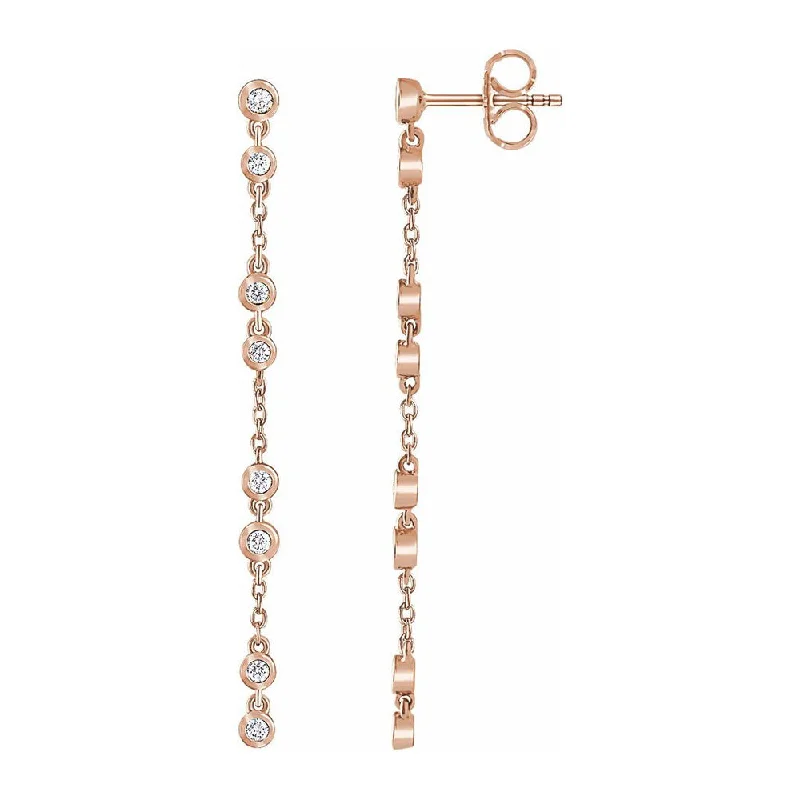 14K Yellow, White or Rose Gold & Diamond Chain Dangle Earrings, 3x60mm