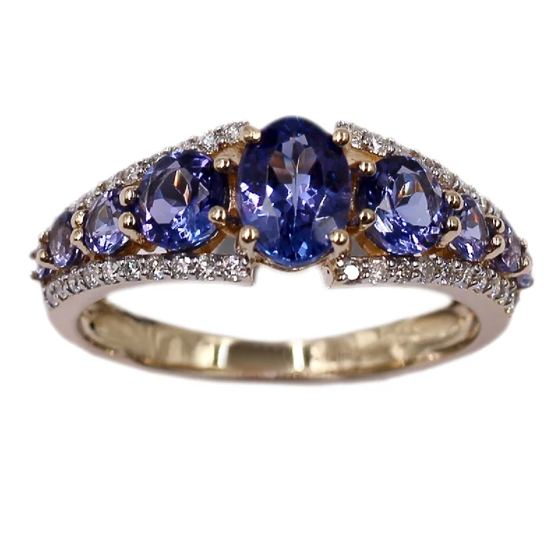 Colorful gemstone rings with vibrant opals shimmered in light-14KT Yellow Gold Tanzanite and Diamond Ring