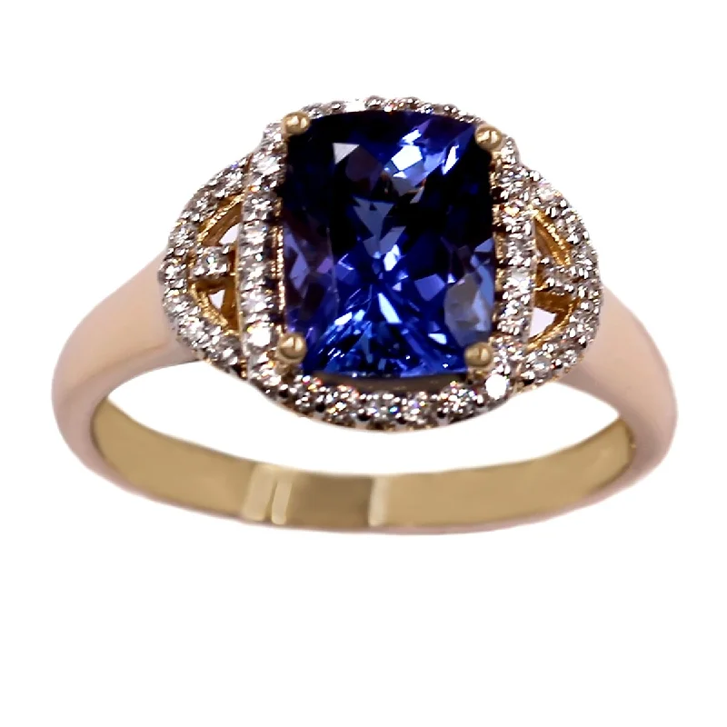 Her elegant gemstone rings featuring sparkling rubies turned heads-14KT Yellow Gold Tanzanite and Diamond Ring