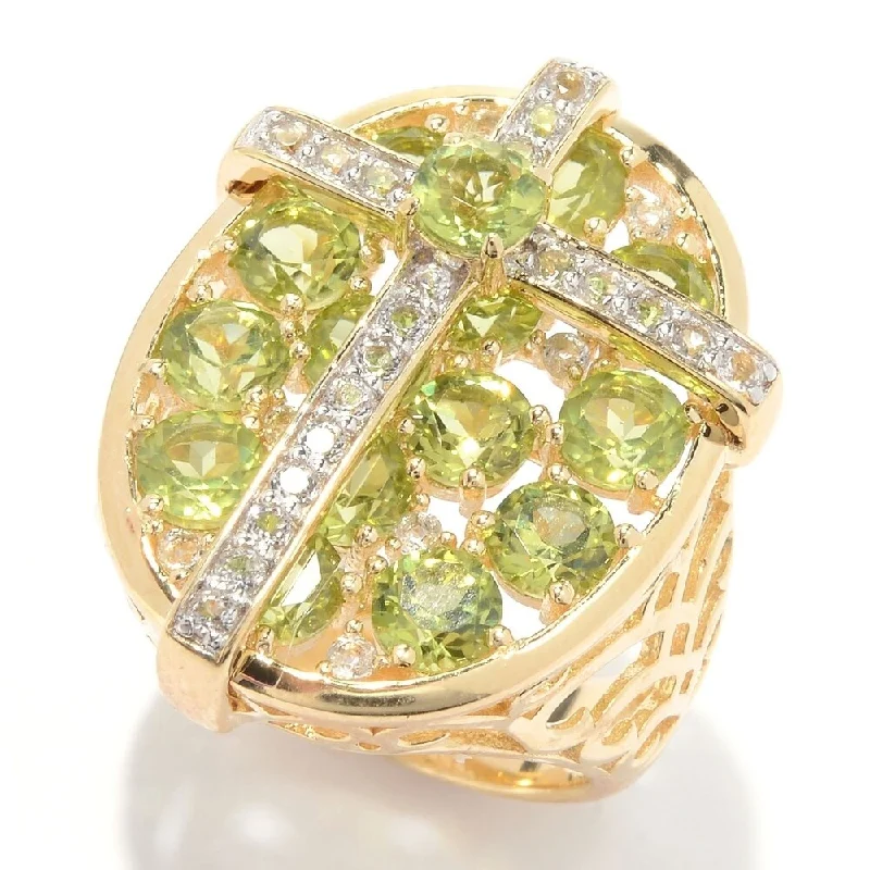 Delicate gemstone rings perfect for stacking adorned her fingers-18K Yellow Gold Over Silver 4.9Ctw Peridot & White Topaz Cross Cluster Ring