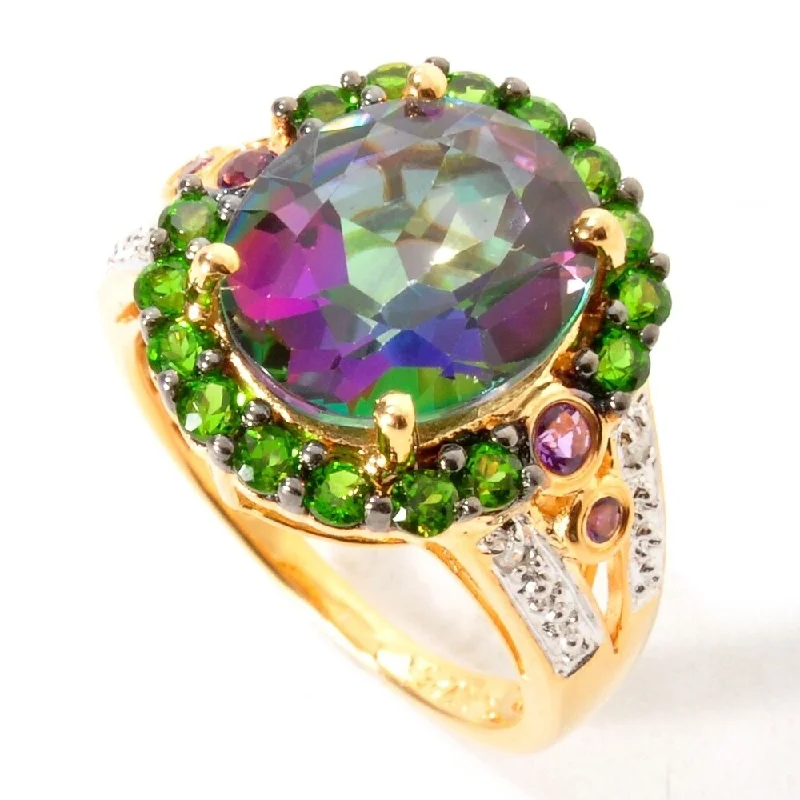 He found affordable gemstone rings for everyday wear online-18K Yellow vermeil 6.49ctw Mystic Topaz, Diamond Ring Size 6 & 8 - Green