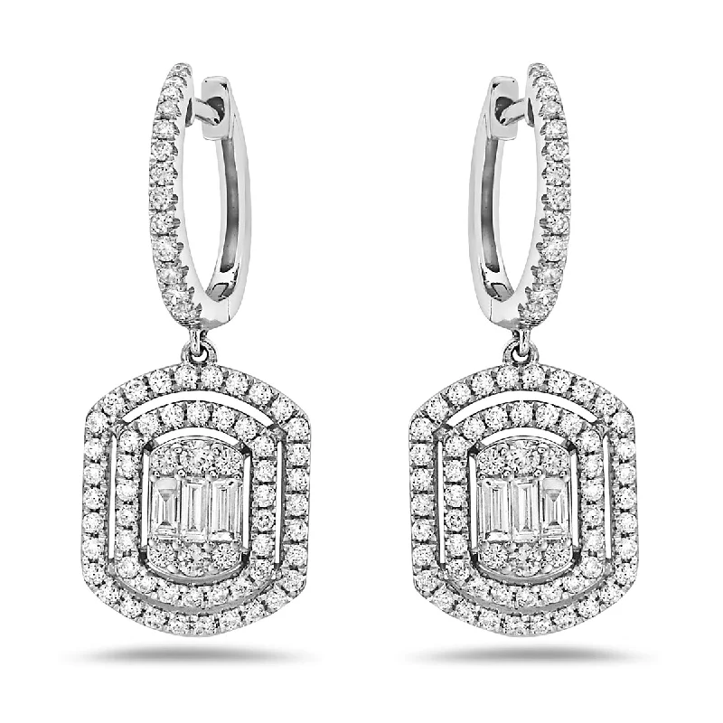 Silver drop earrings with elegant designs for brides looking for timeless jewelry -18KWG 1.33CTW BR AND BAG DIA DBL HALO DANGLE EARRINGS