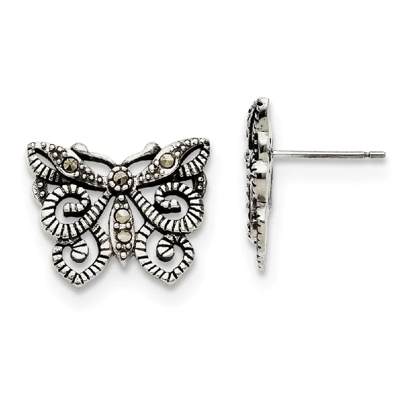 18mm Marcasite Scroll Butterfly Post Earrings in Stainless Steel