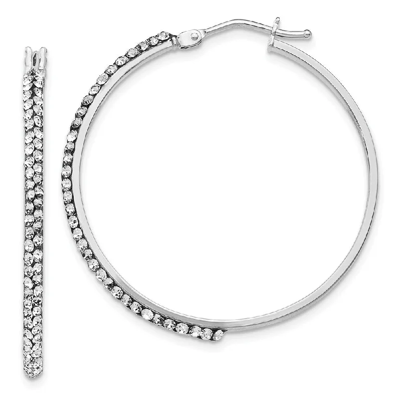 2 x 33mm Round Hoop Earrings in 14k White Gold with White Crystals