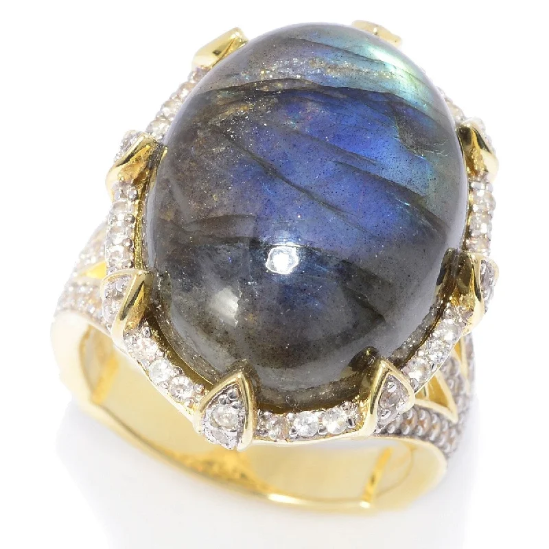 Classic gemstone rings in timeless gold bands never fade-22 x 16mm Oval Labradorite & White Zircon North-South Ring