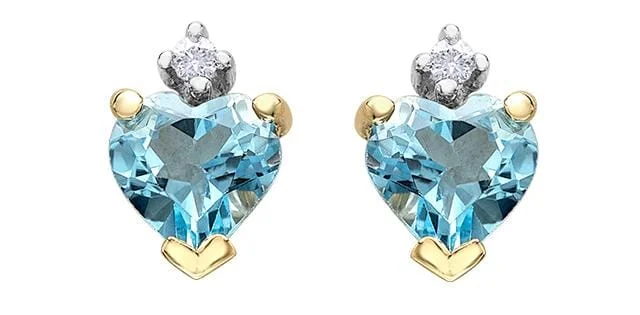 Yellow Gold Blue Topaz, Diamond Heart Stud Earrings